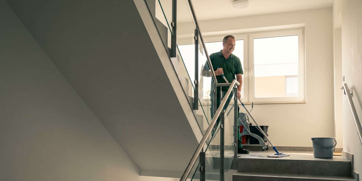 Freundlicher Mitarbeiter von B&A Gebäudereinigung bei der Treppenhausreinigung in einem hellen, modernen Wohnhaus